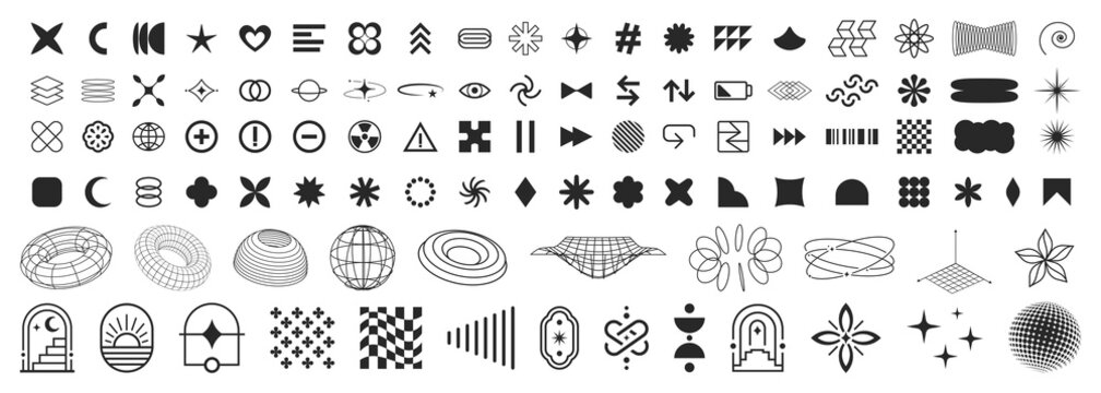Y2K abstract graphic elements vector set with futuristic geometric icons, 3D wireframe shapes, retro cyber symbols and modern decorative design elements for branding, posters, social media and web 