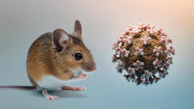 Close-up of a brown mouse looking at a 3D rendered virus particle, representing zoonotic disease transmission.