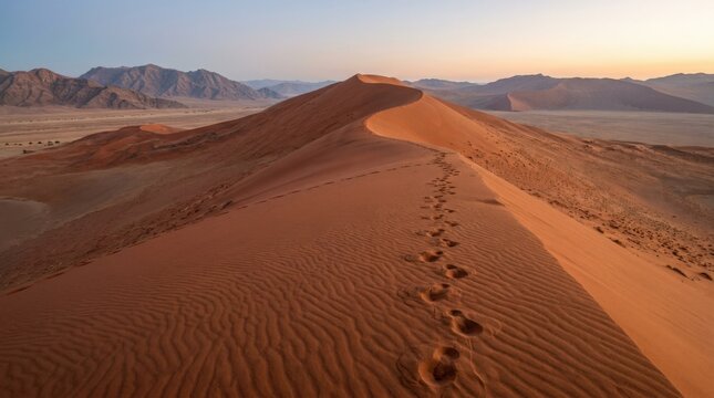 Red sand dunes with footprints in Namib desert at Namib-Naukluft National Park of Namibia, Africa. Landscape photography, scenic landscape with natural textures and destination appeal, soft natural