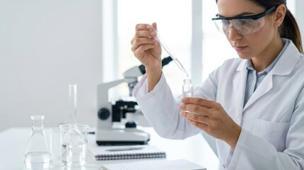 Fototapeta premium Scientist Dripping Liquid into a Vial, commercial stock photography, clear main subject, practical lifestyle context, realistic textures, neutral unbranded objects, clean background, natural light,