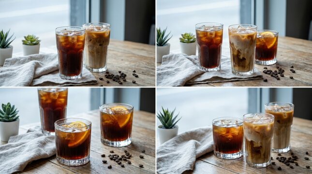 Iced coffee glasses on the table, refreshing drink styling for cafe branding, menu campaigns and lifestyle editorials, clear glass textures, cool tones and inviting presentation create a polished