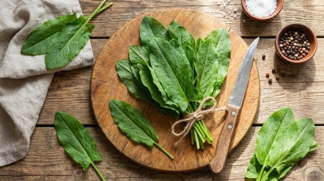 Green sorrel foliage on circular chopping board with kitchen knife and natural string, overhead flat lay arrangement for organic vegetables, culinary preparation and healthy food concept with rustic
