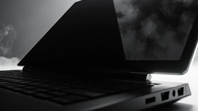 Black laptop computer on a bright white surface with vapor clouds creating a dramatic atmosphere