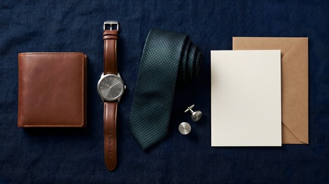 Elegant mens fashion accessories flat lay, brown leather watch and wallet on blue linen, formal silk necktie with cufflinks and blank invitation card