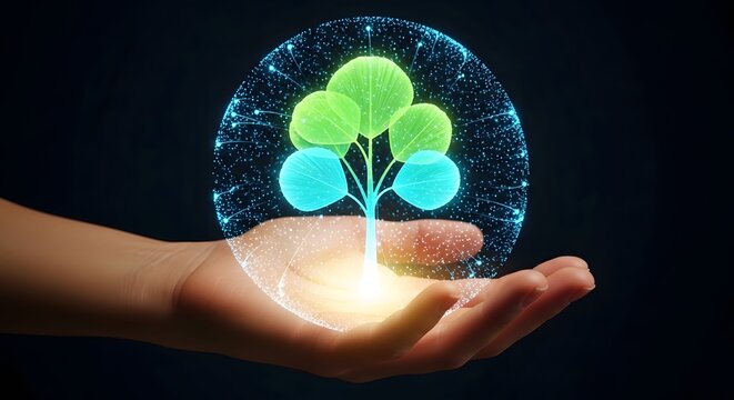 Hand holding digital tree with glowing roots on transparent background