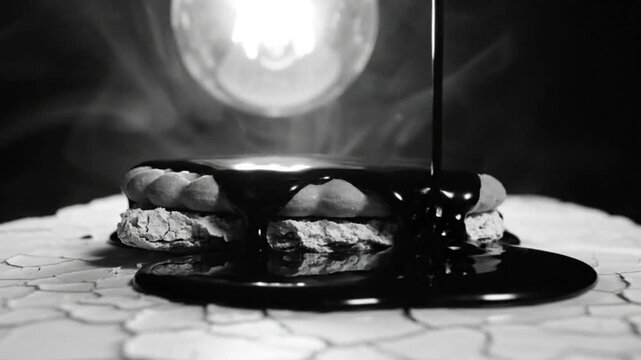 Black and White Food Art Video of Liquid Chocolate Pouring Over a Sandwich Cookie Dessert