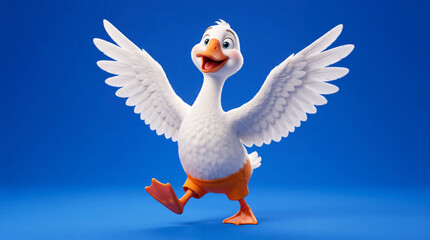Obraz premium Cartoon duck with wings spread and orange shorts walks on blue background during a cheerful moment