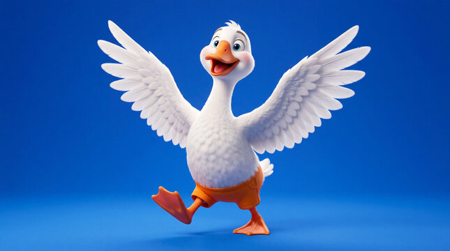 Cartoon duck with wings spread and orange shorts walks on blue background during a cheerful moment