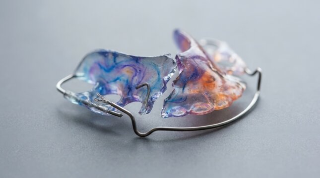 Macro view of cracked colorful dental retainer with detached labial bow wire and sharp break on gray background. Emergency concept, strong commercial concept, natural light, clean composition,