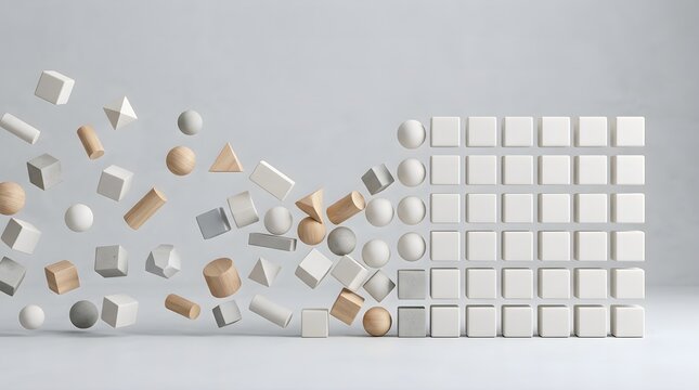 Abstract 3D Geometric Shapes Transitioning from Orderly Grid to Chaos with Wood and Concrete Textures.