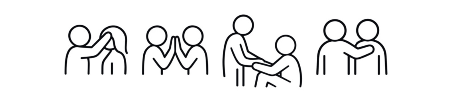 Caring gestures icon set. patting shoulder, praying hands, helping up, arm around shoulder, support and encouragement. line vector illustration.