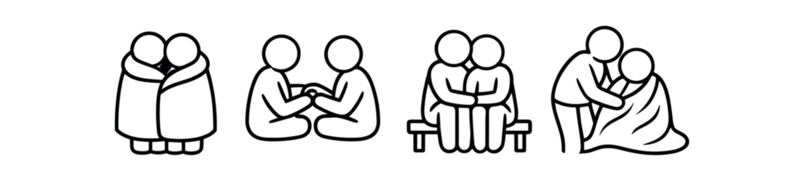 Comforting and supportive hug icon set. consoling, care, holding hands, sitting together, helping, empathy. line vector illustration.