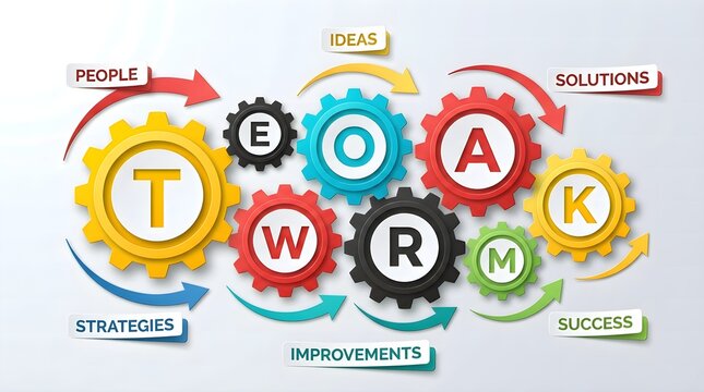 Business Teamwork and Cooperation Concept with Colorful Interlocking Gears and Strategy Labels.
