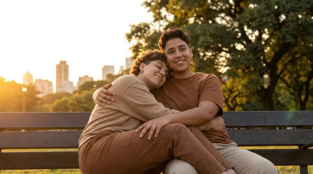 Latin non-binary couple embracing at sunset in a park, tender lifestyle portrait for love, inclusion, identity, partnership and emotional connection, warm golden light, candid closeness and soft urban