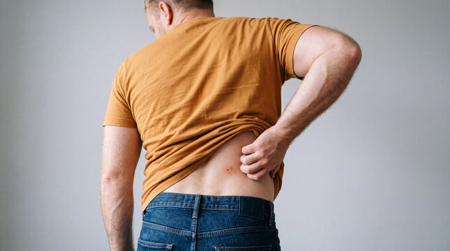 Man touching his lower back while standing against a plain wall in a casual setting during the day