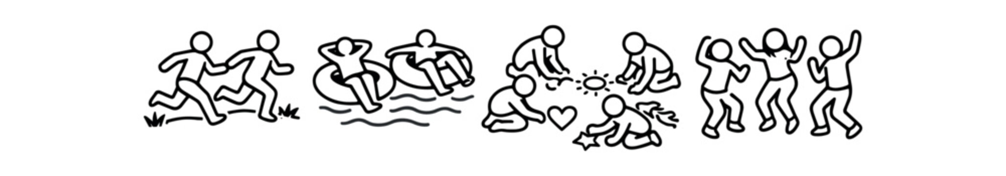 Playful kids and friends icon set. running, pool float fun, beach play, group celebration, carefree childhood. line vector icon set.