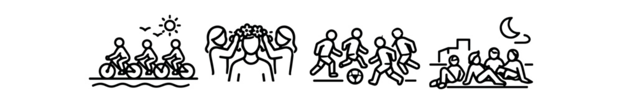 Community outdoor gatherings icon set. cycling, flower crown celebration, team sports, rooftop camping, night socializing. line vector icon set.