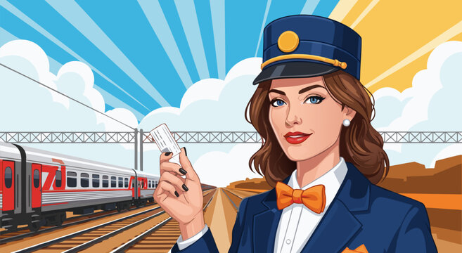 Illustration of a female train conductor holding a ticket near a train on sunny tracks