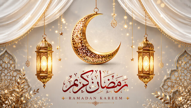 Ramadan kareem greeting with crescent moon and lanterns holy month greeting