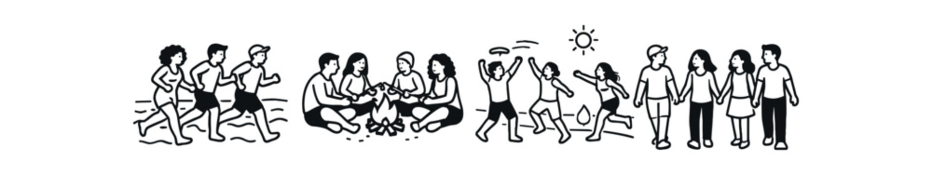 Active group recreation icon set. running, campfire gathering, ball play, group holding hands, outdoor fitness and togetherness. line vector illustration.