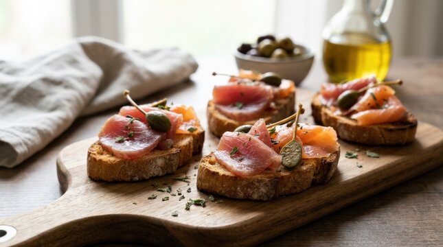 Crostoni with cured meat style slices seafood and caper fruit, commercial food concept, fresh ingredients, appetizing recipe styling, natural composition, rustic food styling, soft natural light,