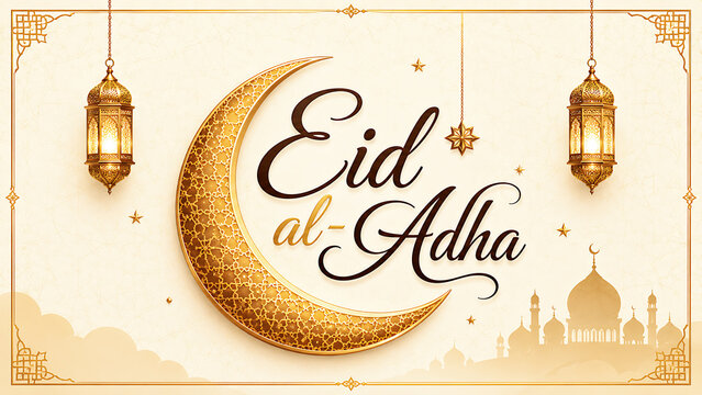 Golden crescent moon and lanterns celebrate eid al-adha with allahu akbar
