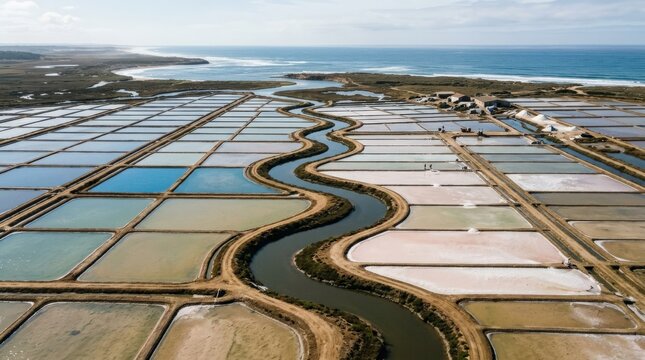 Narrow creek running between ponds at coastal salt farm, aerial landscape, winding water channel and levee geometry, natural light, clean commercial composition, neutral unbranded details, authentic