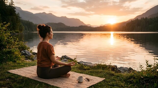 Woman Meditating by Mountain Lake at Sunset for Mindfulness and Inner Peace.