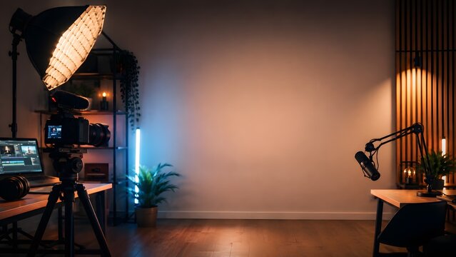 Modern content creator studio with camera softbox microphone laptop and empty copy space wall