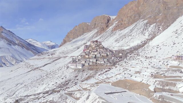 Aerial view of Key Monastery in Spiti Valley Himachal Pradesh India