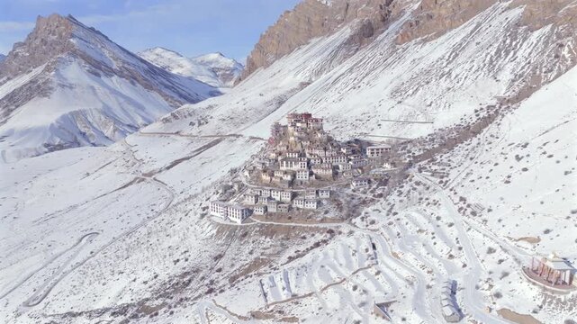 Aerial view of Key Monastery in Spiti Valley Himachal Pradesh India