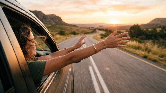 Hands reaching through car window at sunset, road trip freedom and travel lifestyle, warm evening motion on open road, soft natural light, clean commercial composition, neutral unbranded details,