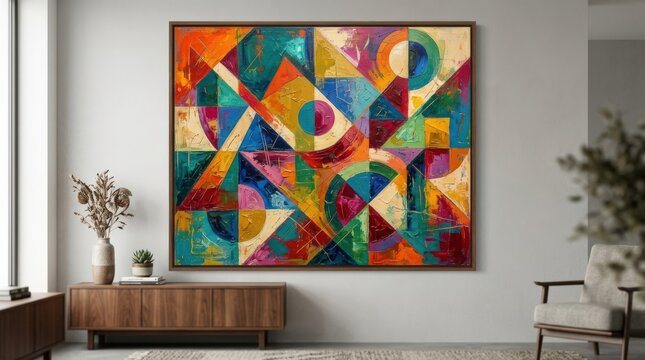 Colorful abstract painting with vibrant geometric shapes, bold creative background for branding, interiors, editorials and modern visual storytelling with rich painterly texture and polished design