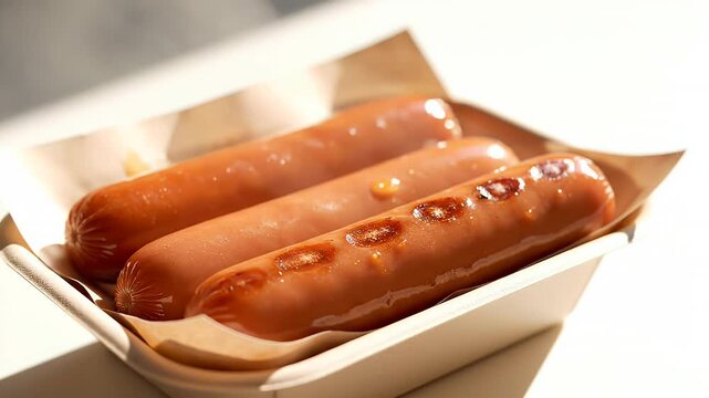 Close-up of three glossy grilled sausages resting in a white takeout box with parchment paper