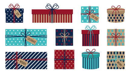 Fototapeta premium Collection of various decorative gift boxes with bows and ribbons.