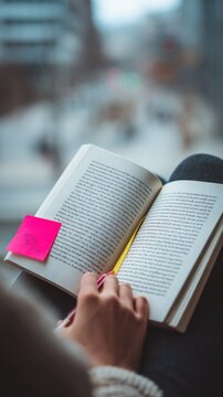 Person Reading a Book with a Pink Sticky Note