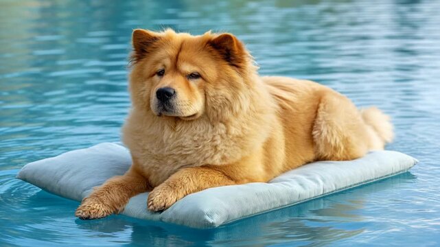 A fluffy ginger Chow Chow dog relaxing comfortably on a floating pillow in a blue swimming pool.