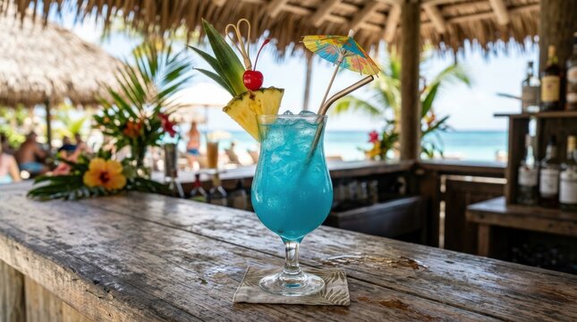 Blue Hawaiian rum punch, vibrant tropical cocktail still life with icy refreshment, colorful garnish and bright vacation bar atmosphere for summer hospitality themes, soft natural light, realistic