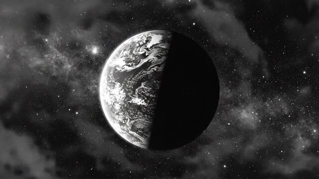 Black and white Earth in space with half illuminated and nebulae and stars in the background