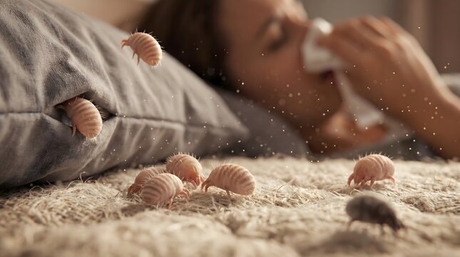Microscopic View of Dust Mites on Bed Sufferer with Allergic Person in Background