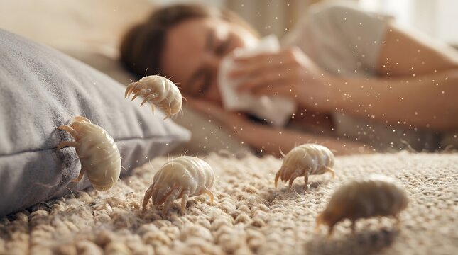 3D Illustration of House Dust Mites on Carpet with Sneezing Person