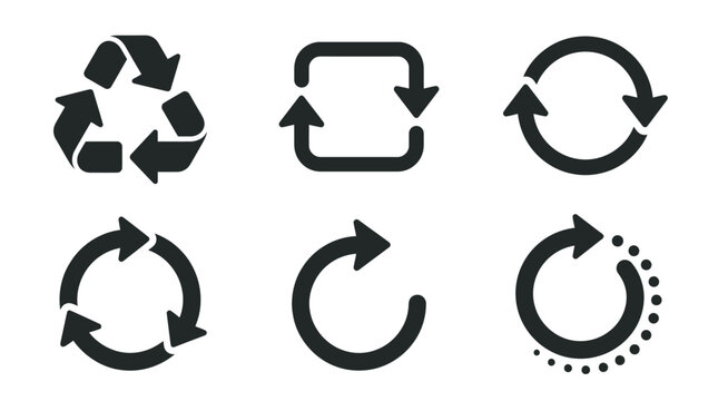 Set of black recycling and refresh circular arrow icons.