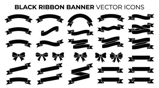 Set of black ribbon banners and bows vector icons.