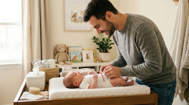 Young father changing newborn diaper with gentle care in cozy nursery, modern parenting lifestyle, clean baby changing table, soft blankets, family bonding, tender daily routine, authentic home