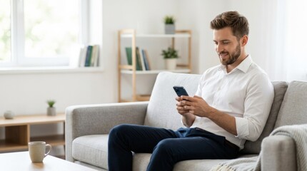 Obraz premium Professional man in white shirt using smartphone on sofa, mobile business communication, relaxed remote work and modern lifestyle, natural composition, soft natural light, realistic detail, clean
