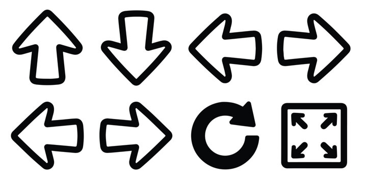 Graphic illustration of various black arrows and a circular refresh icon on a white background, perfect for design and navigation concepts.