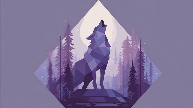 Howling wolf silhouette in a purple forest scene