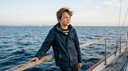 Fototapeta premium Boy at Sea for editorial branding, social campaigns and modern storytelling, polished contemporary atmosphere, natural expression, soft light, crisp focus, high detail, authentic lifestyle mood, clean