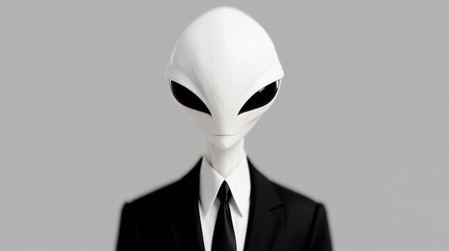 White alien stands in formal black suit. Eyes glow dark against smooth head surface. Neat tie and shirt complete professional look. Background is plain, neutral gray