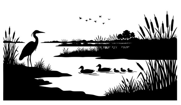 Wetland landscape silhouette with heron duck reeds and pond wildlife vector illustration